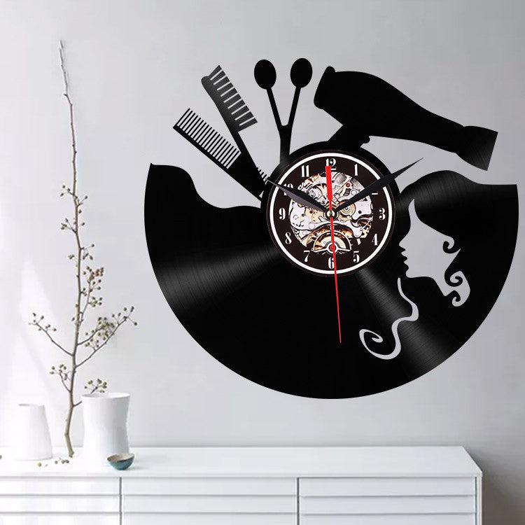 Creative Vinyl Record Wall Clock Haircut Girl 3D Retro Clock Living Room Decoration LED Quartz Wall Clock
