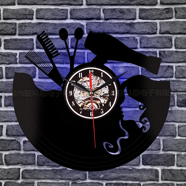 Creative Vinyl Record Wall Clock Haircut Girl 3D Retro Clock Living Room Decoration LED Quartz Wall Clock