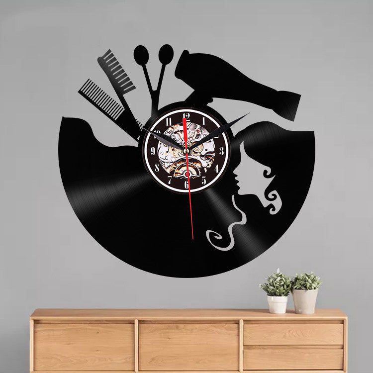 Creative Vinyl Record Wall Clock Haircut Girl 3D Retro Clock Living Room Decoration LED Quartz Wall Clock